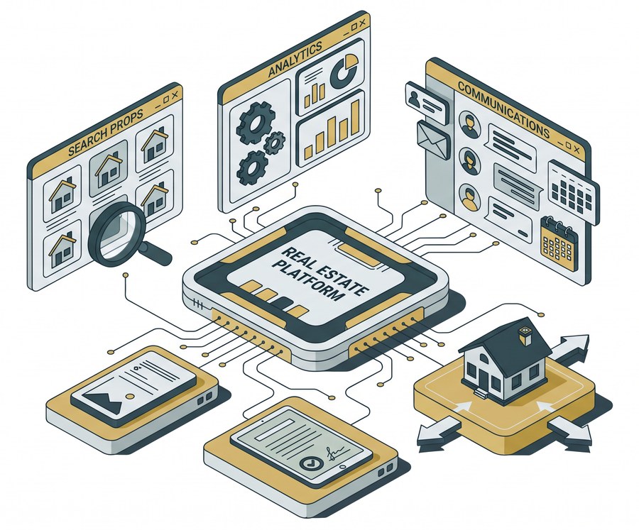 An illustrated hub of connected feature screens — listings, testimonials, and lead capture — around a central real estate platform icon