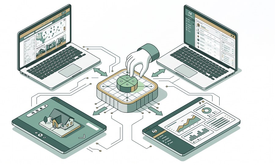 An illustrated dashboard of connected site screens — listings, agent profile, and market analytics — arranged around a central settings dial